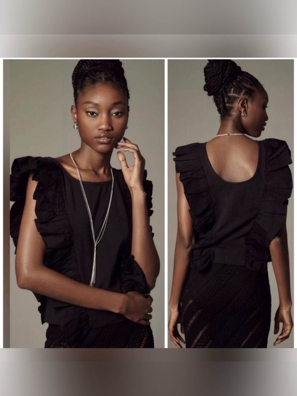 ANTHROPOLOGIE MAEVE BLACK SLEEVELESS STATEMENT RUFFLE BORDER LOW CUT BACK TOP M